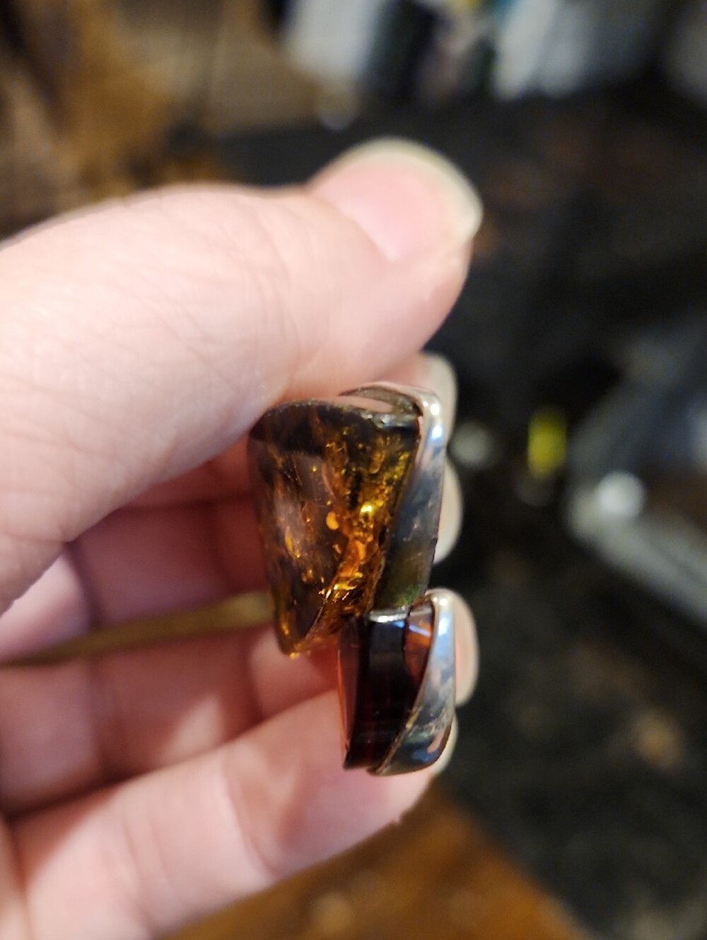 Two Types of Amber in a Silver Edged Double Marquise Pendant with Inclusions - Picture 2 of 4